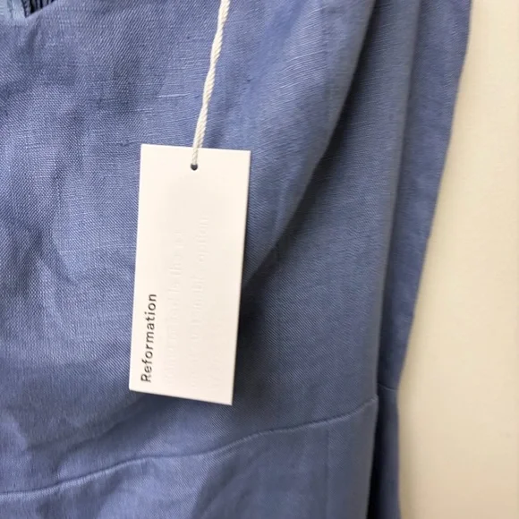 Reformation NWT Bridgton Blue Linen Smocked Midi Dress‎ Size 12